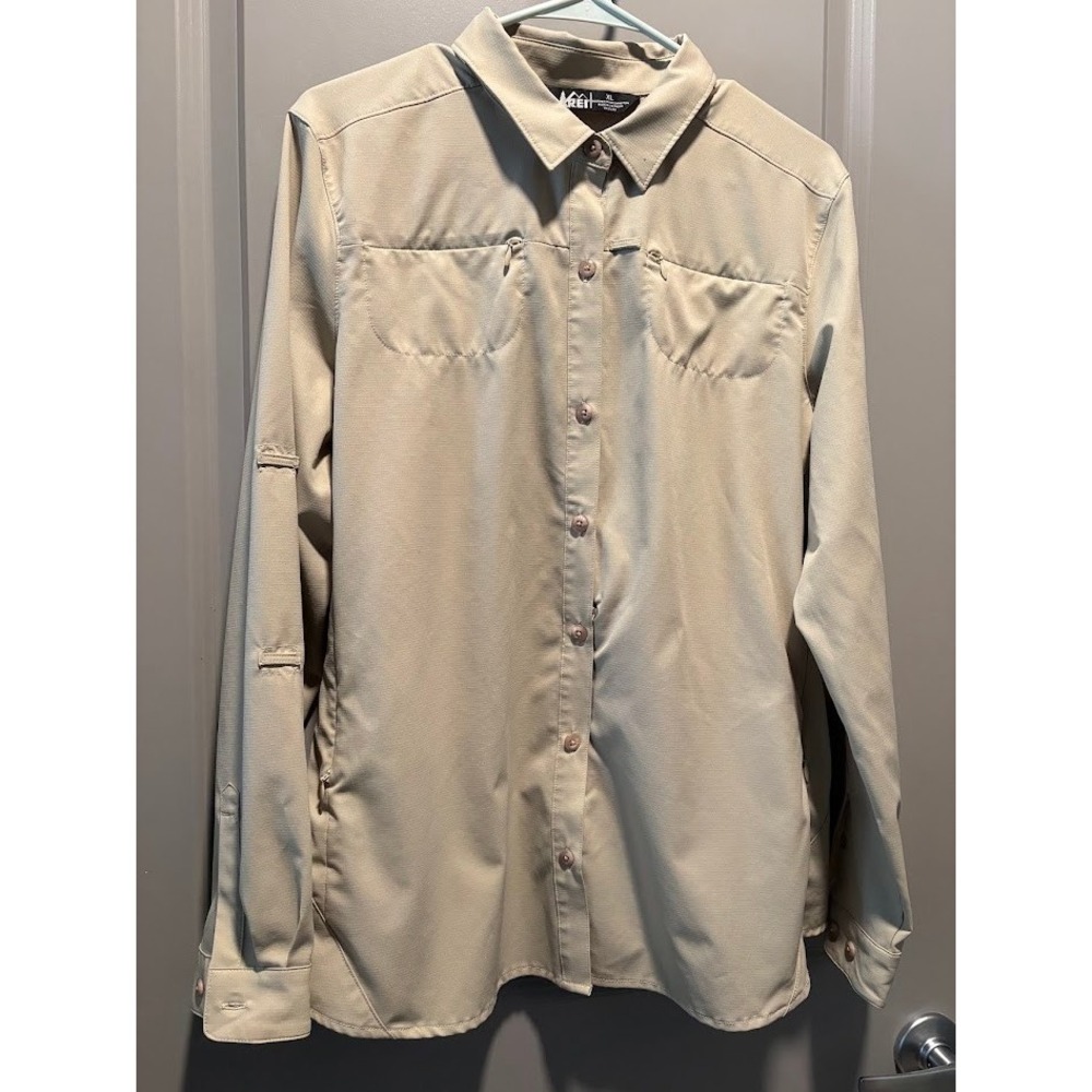 REI Co-op Sahara Womens XL Long Sleeve Hiking Shirt Tan Khaki Ventilated Ripstop - Picture 1 of 13